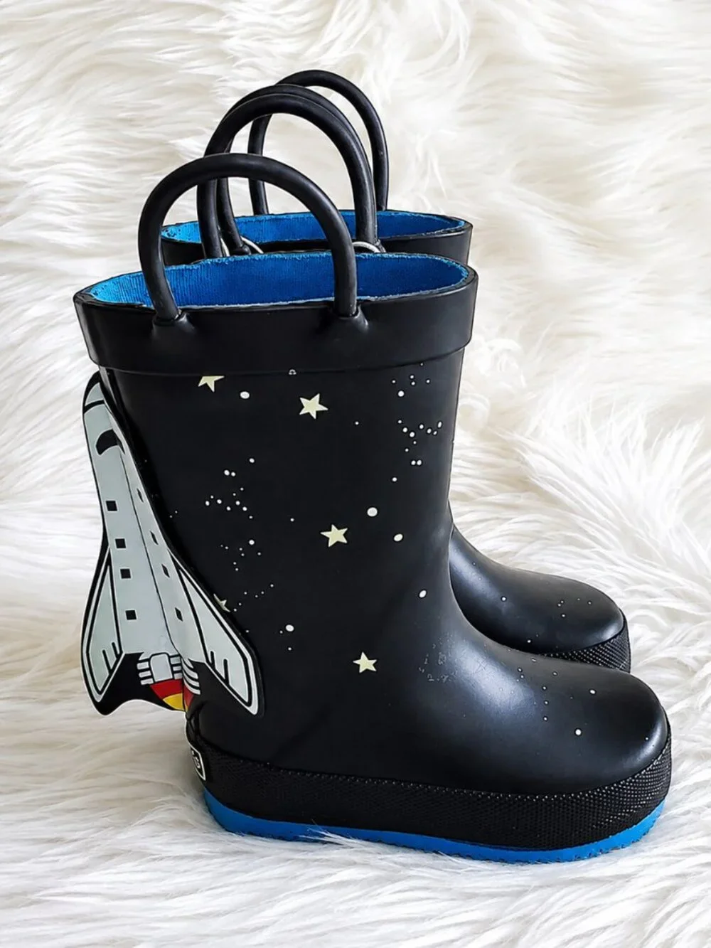 Carter's Kid's Black/Blue 4-D Space Rocket Waterproof Unisex Rain Boots SZ 4
